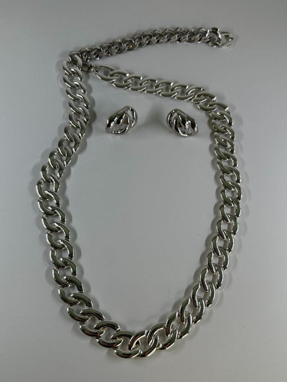 Vintage Signed NAPIER Chunky Silver Tone Chain Necklace & Earrings Set
